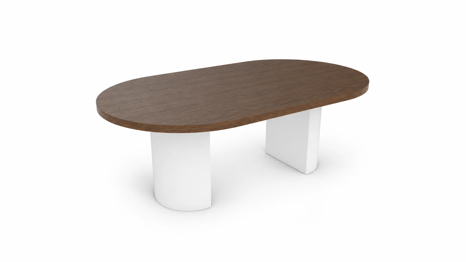 Mesa oval con tapa de madera y dos bases blancas